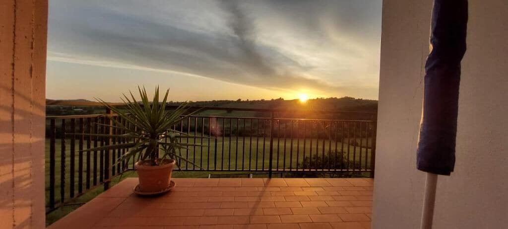Un balcon agrémenté d’un pot de fleurs, doté d’une rambarde en métal, et offrant une vue sur le coucher de soleil au-dessus d’un champ.