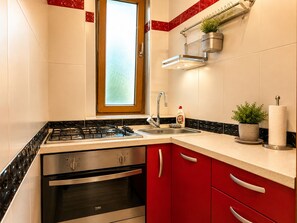 A compact kitchen with a gas stove, oven, and a sink. - Monte Carlo Palace Suites (Bucharest)