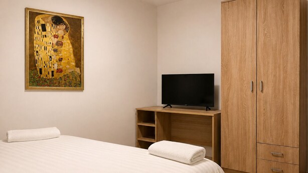 A hotel room with a bed, a television on a wooden stand, a wardrobe, and a painting on the wall. - Monte Carlo Palace Rooms  (Bucharest)