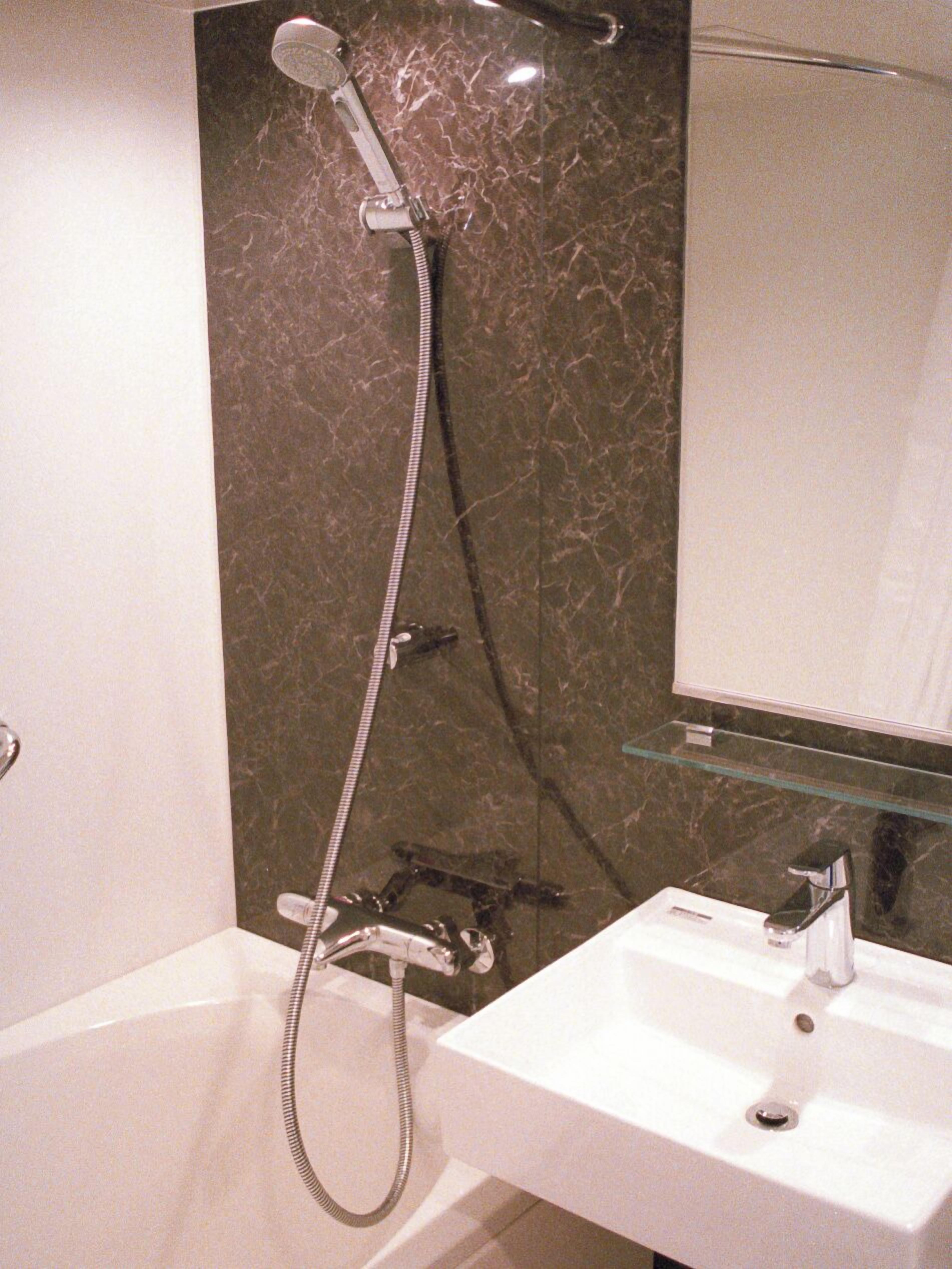 A bathroom with a white sink, a mirror, and a shower with a handheld hose.