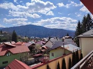 A residential area with houses, some with red roofs, and a mountain range in the background. - Iri Busteni Hotel (Busteni)