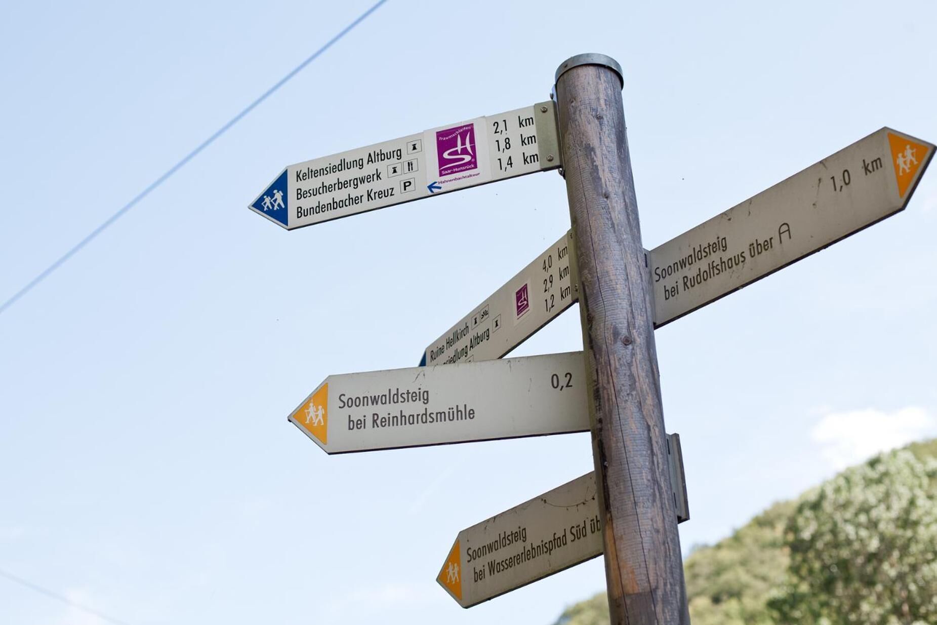 A directional signpost with multiple arrows pointing towards various destinations, each with distance markers.
