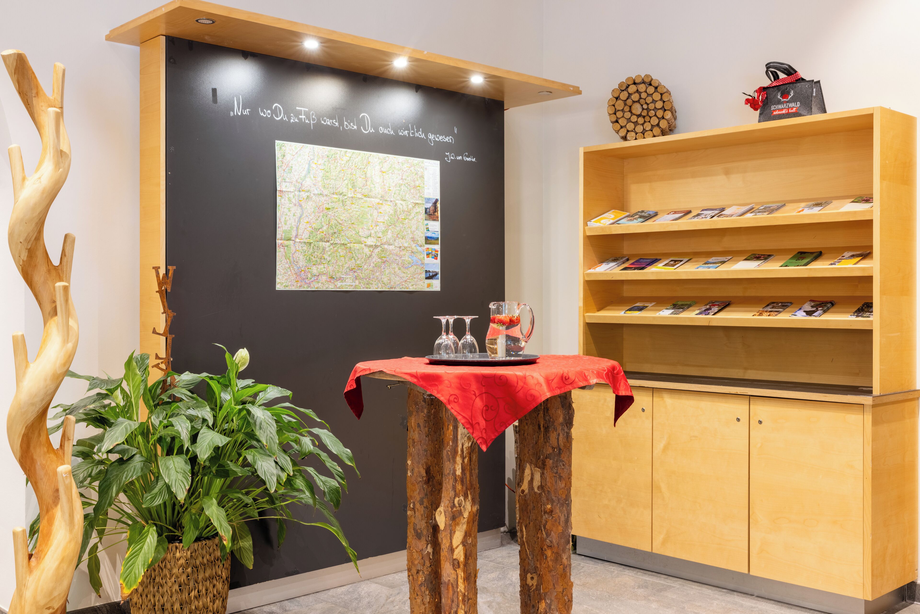 Zona de recepción con una estantería de madera, un mapa en la pared, una planta y una pequeña mesa cubierta con un paño rojo.