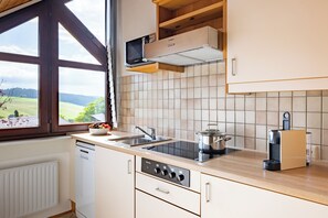 Monolocale Deluxe | Cucina privata | Frigorifero, piano cottura, macchina per tè/caffè, bollitore elettrico