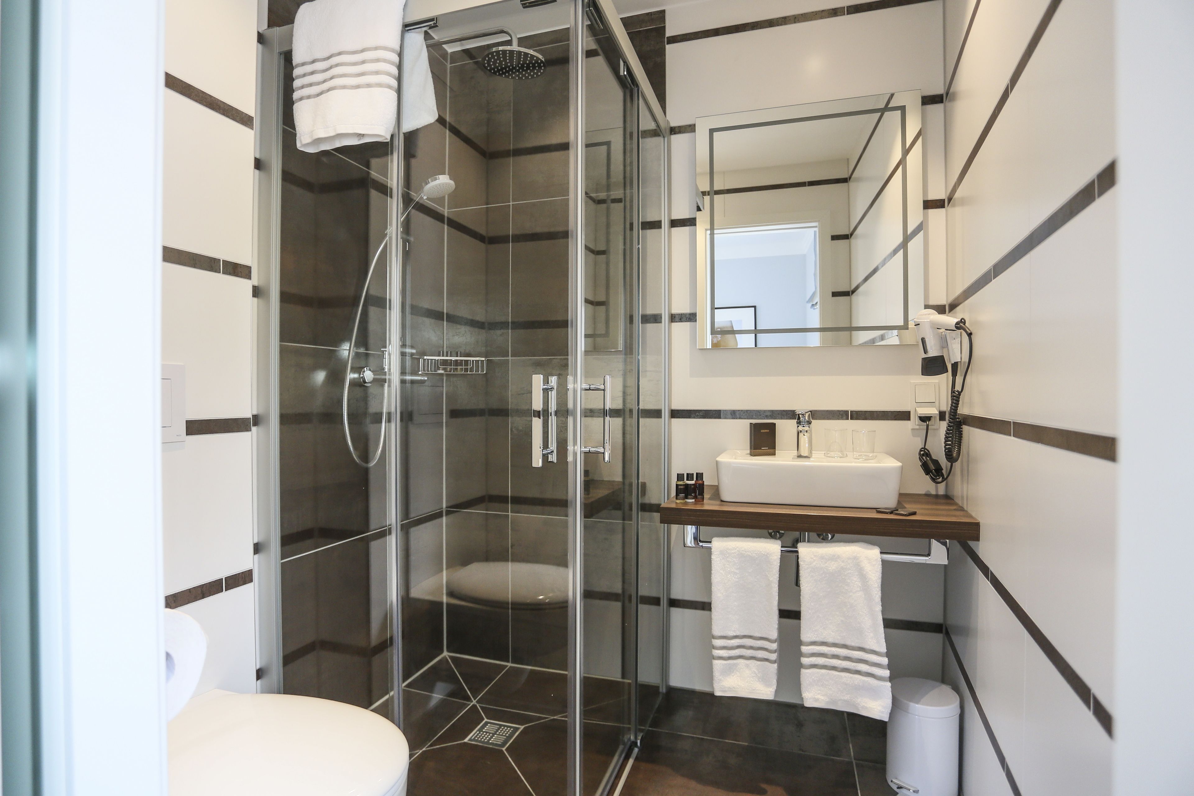 shower, free toiletries, hair dryer, towels