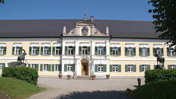 A large, historic building with a symmetrical facade, green shutters, and statues on either side of the entrance. - Hotel zur Schloss-Schmiede (Kühbach)