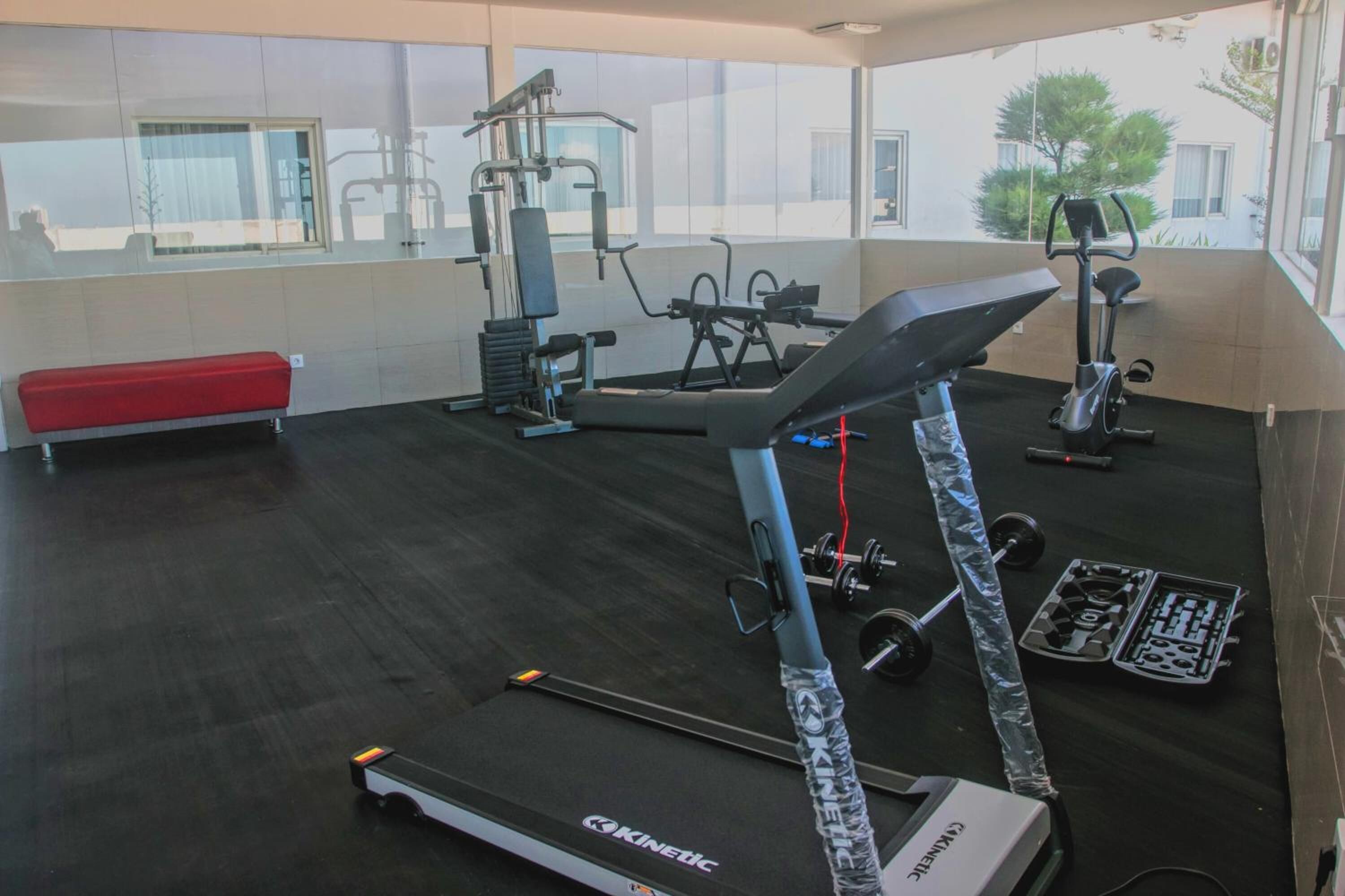 Un gimnasio con equipo cardiovascular, máquinas de pesas y un banco rojo.