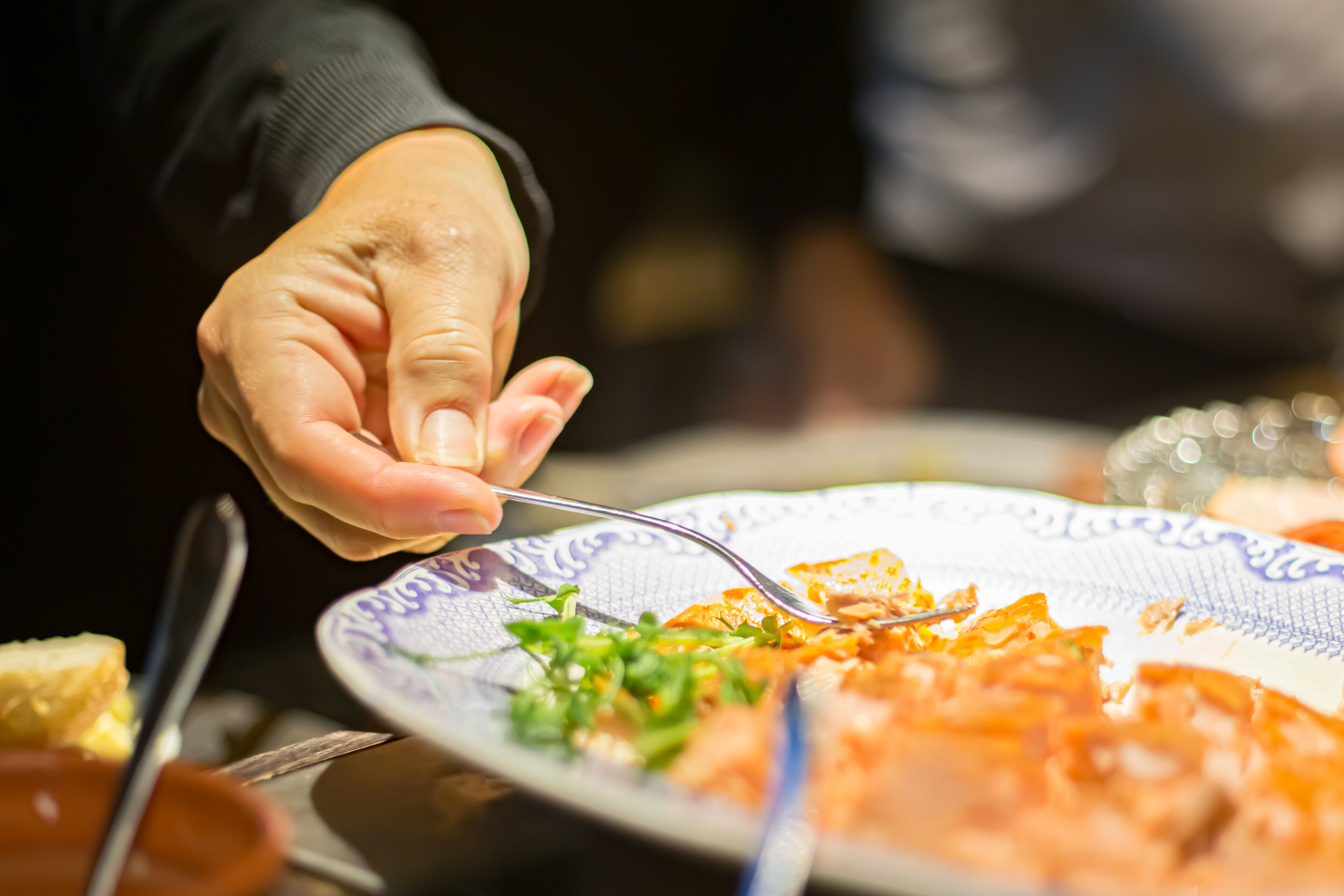 A close-up of a hand holding a fork, with a plate of food in the foreground.