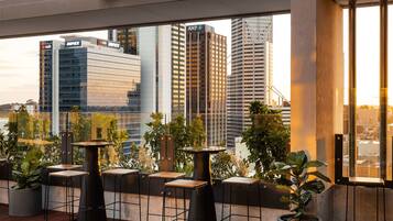 A rooftop terrace with outdoor seating, potted plants, and a city skyline view.