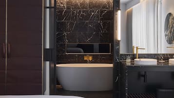 Designer toiletries, hair dryer, bathrobes, slippers