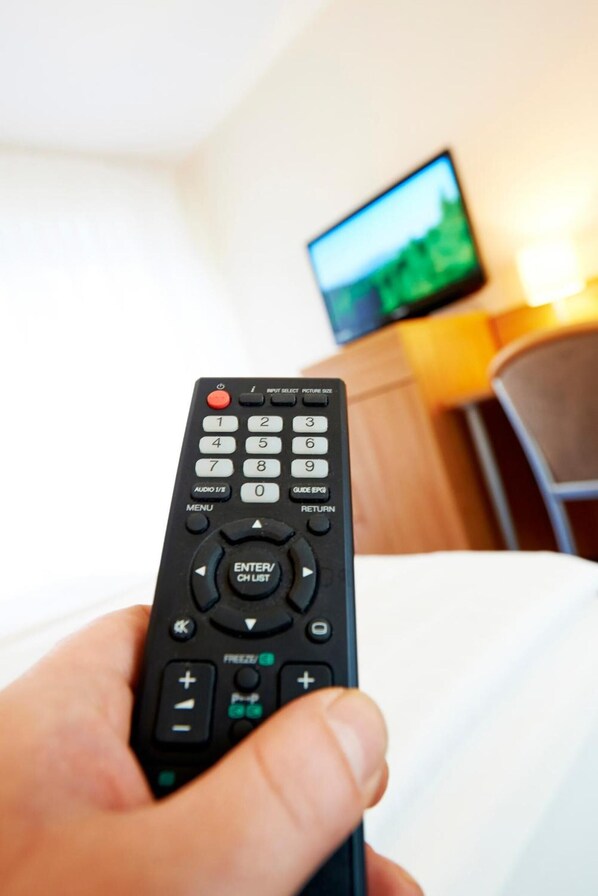 A hand holding a remote control with a television in the background. - Haus Niemann (Münster)