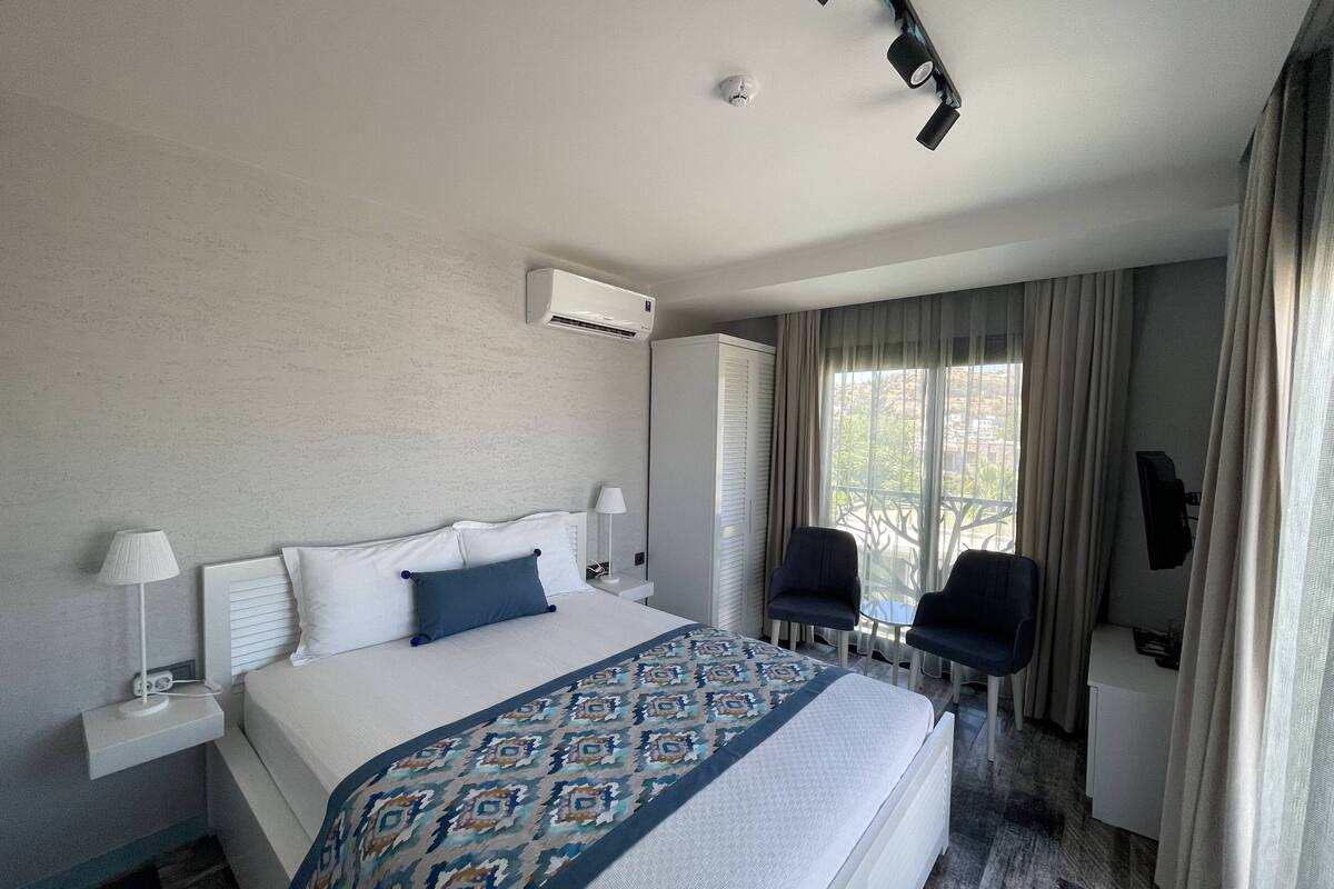 Une chambre d’hôtel équipée d’un lit, de lampes de chevet, d’une télévision, d’une fenêtre avec des rideaux et d’un appareil de climatisation.