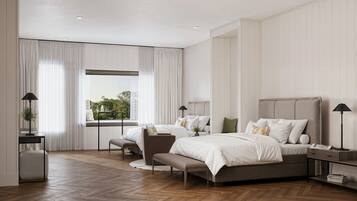 A modern bedroom with two beds, a large window, and a view of greenery.