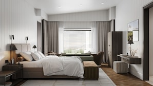 Una camera d'albergo moderna con un letto, comodini, una scrivania, una sedia, un divano, un tavolino, un armadio e un'ampia finestra con tende.