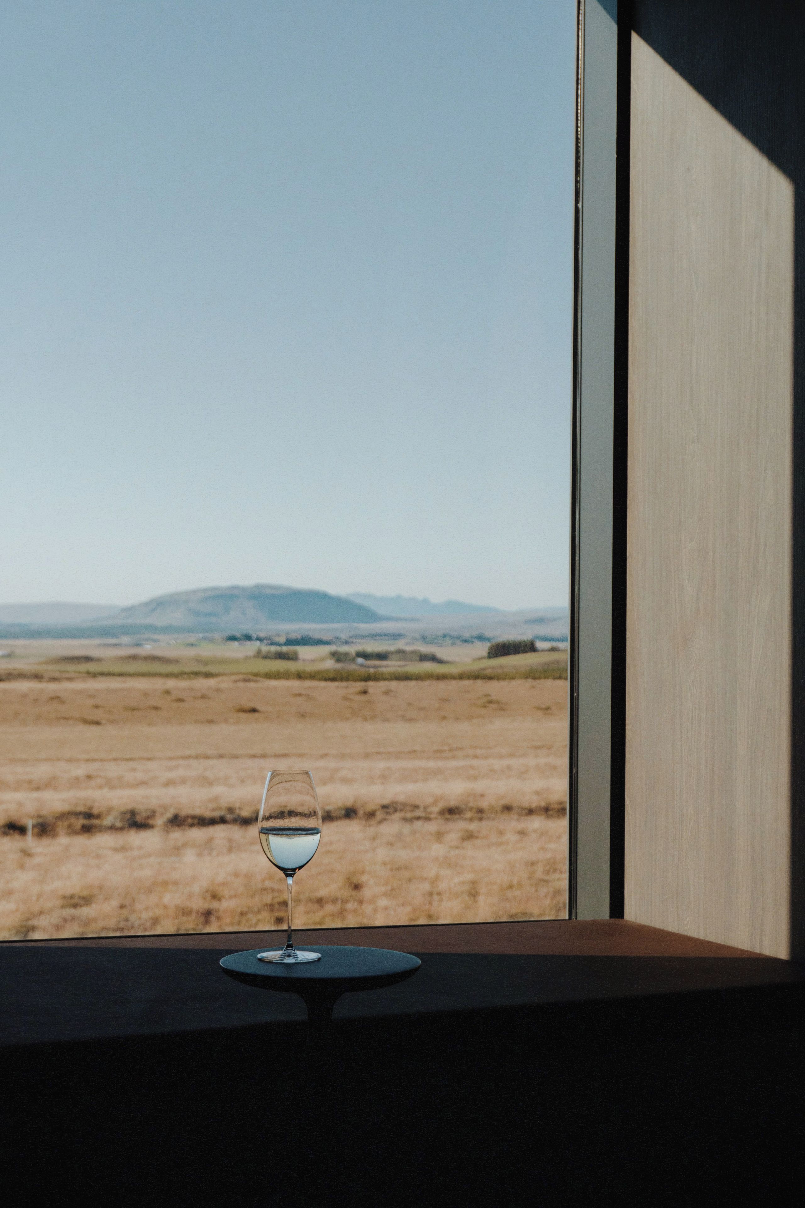 A glass of white wine on a table by a window overlooking a flat landscape.