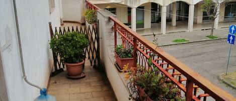 Varanda com vasos de plantas, um dispensador de água e vista para uma área residencial.