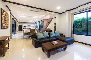 4-Bedroom Luxury Pool Villa | Living area | 55-inch flat-screen TV with cable channels, TV - Grand Villa Luxury Holidays Phuket (Choeng Thale)