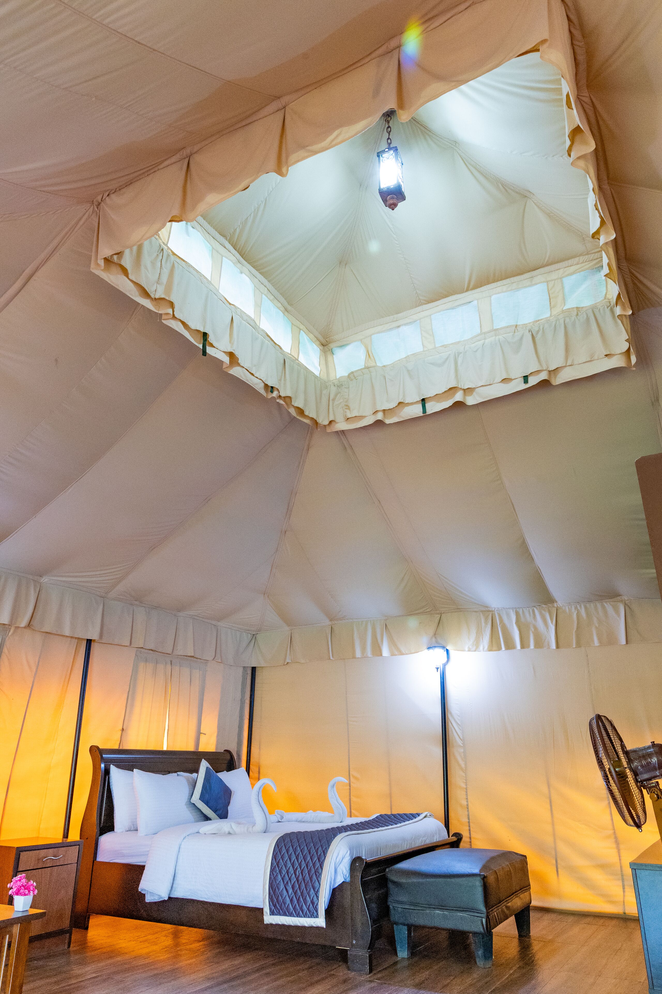 Ein Zeltraum mit Bett, Nachttisch und Standventilator.
