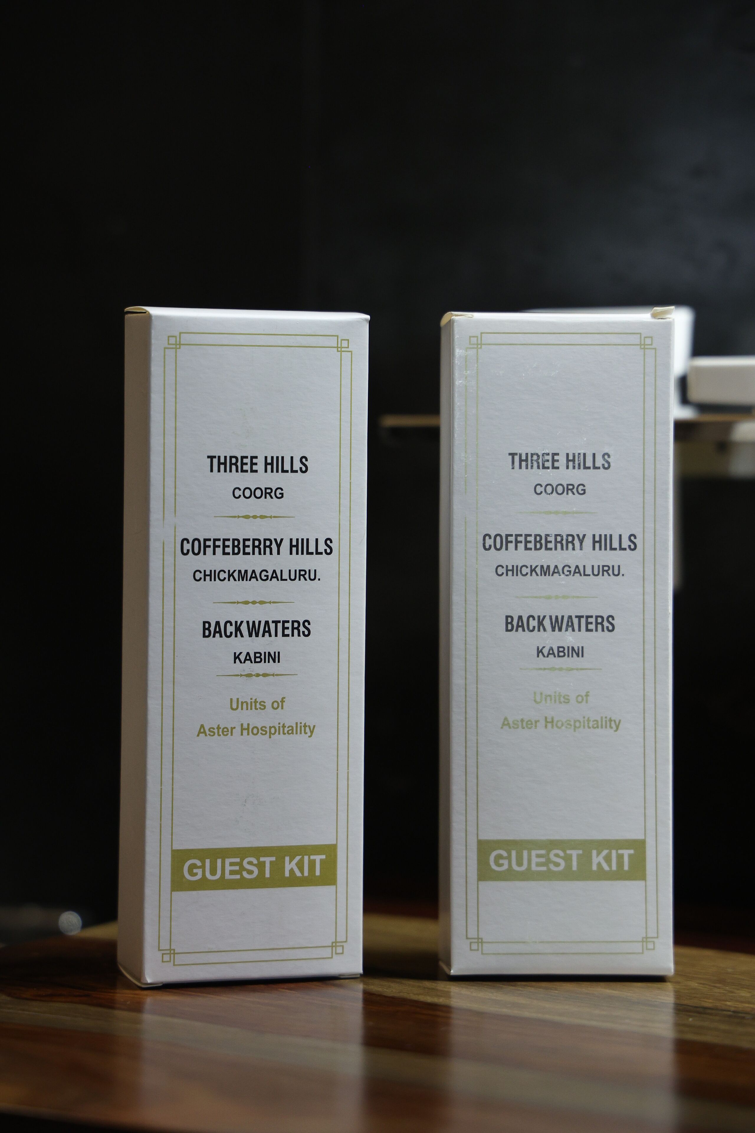 Two guest kits for the Three Hills Coorg, Coffeberry Hills, Chickmagalur, and Backwaters, Units of Aster Hospitality.