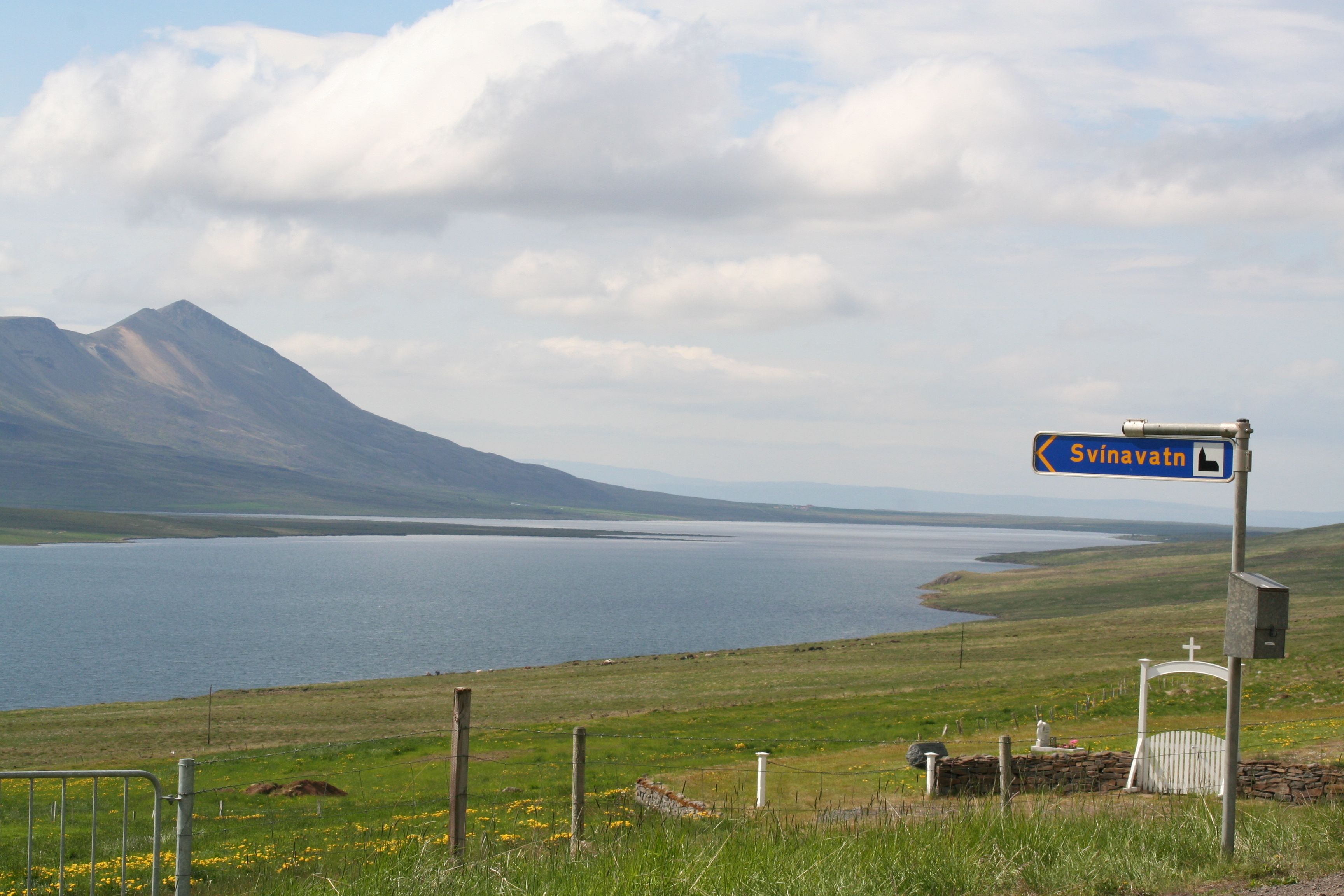 A signpost with 'Svinavath' written on it, a grassy field, a body of water, and a mountain in the background.