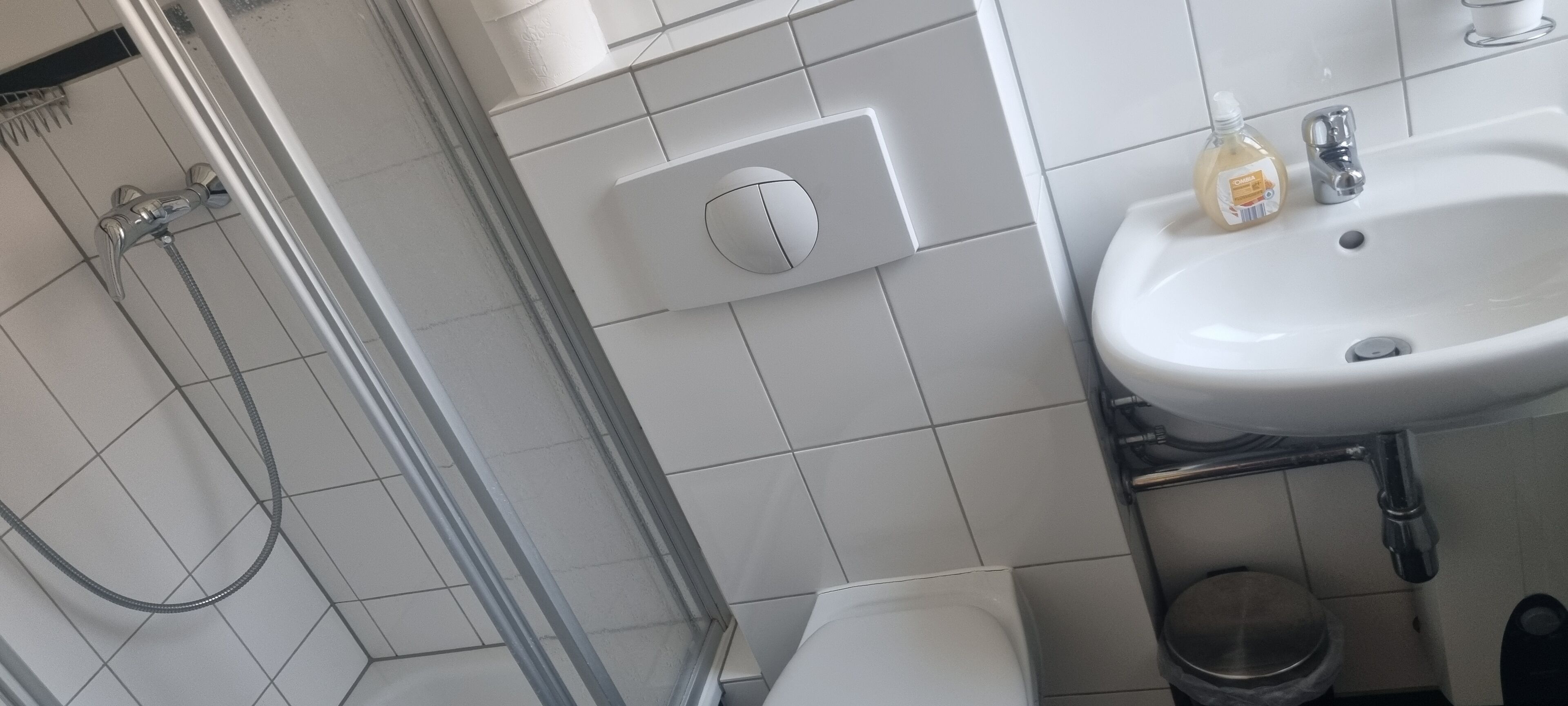 Ein Badezimmer mit Dusche, Waschbecken und Toilette.