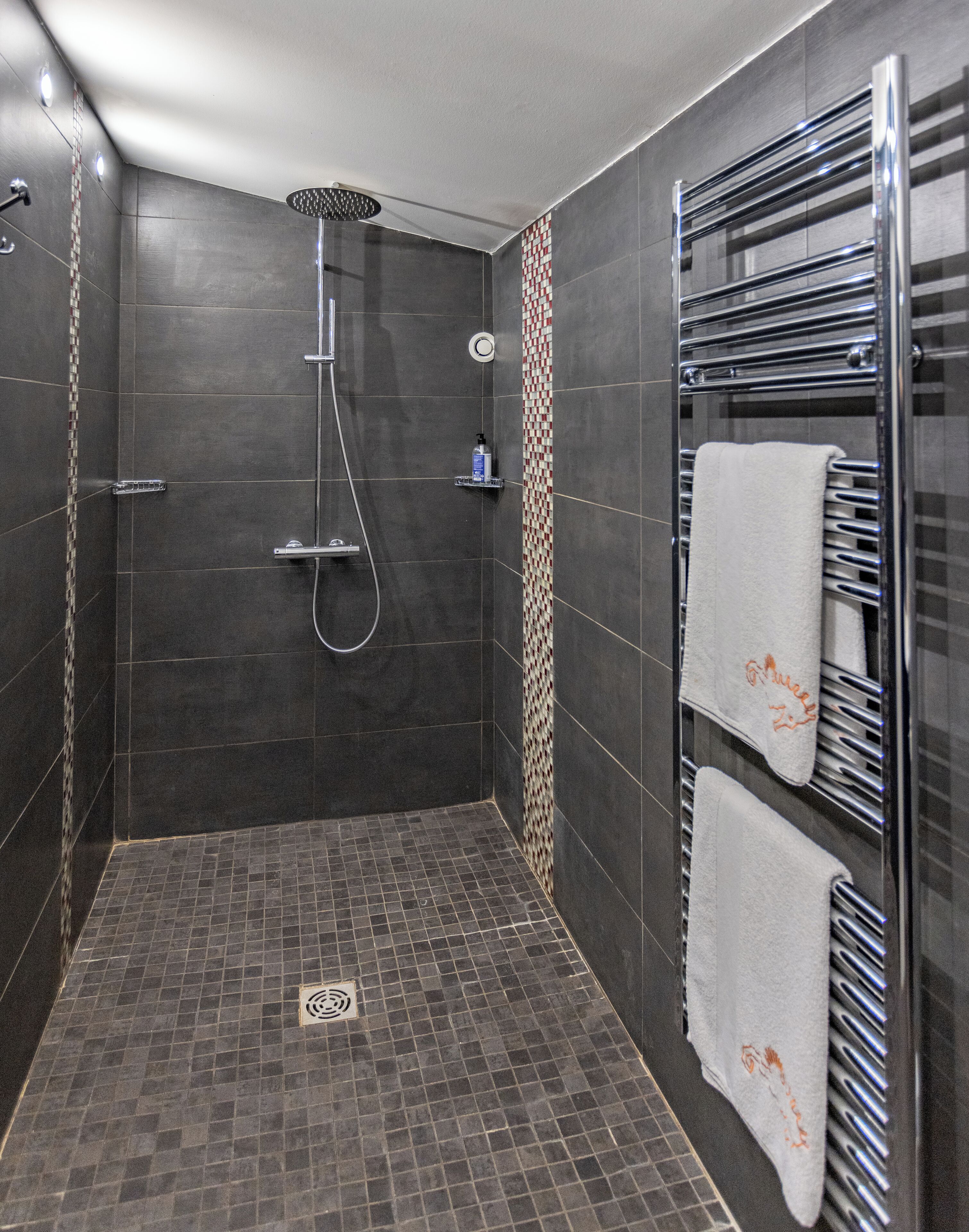 A modern shower with a handheld showerhead, a built-in soap dispenser, and a towel rack with two towels.