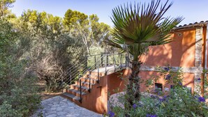 A stone staircase leading to a building with a stucco exterior, surrounded by greenery and a palm tree. - Villa Hippocampe (Six-Fours-les-Plages)