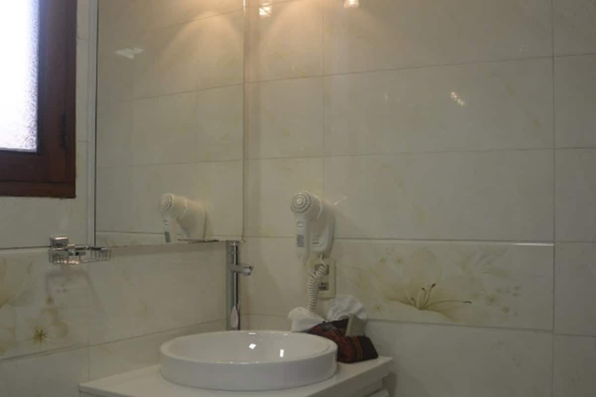 shower, free toiletries, hair dryer, towels