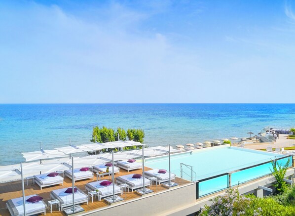 Seasonal outdoor pool, open 9:00 AM to 6:00 PM, pool umbrellas