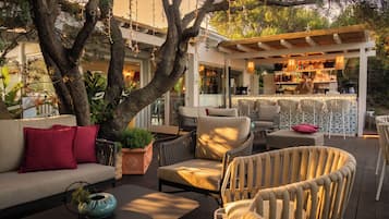 An outdoor seating area with a bar, cushioned chairs, a sofa, and a large tree.