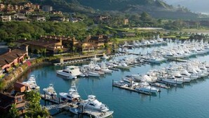 A marina with numerous boats docked, surrounded by residential buildings and greenery.