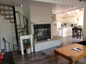 TV, fireplace, table football