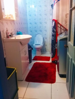 Combined shower/bathtub, free toiletries, hair dryer, towels