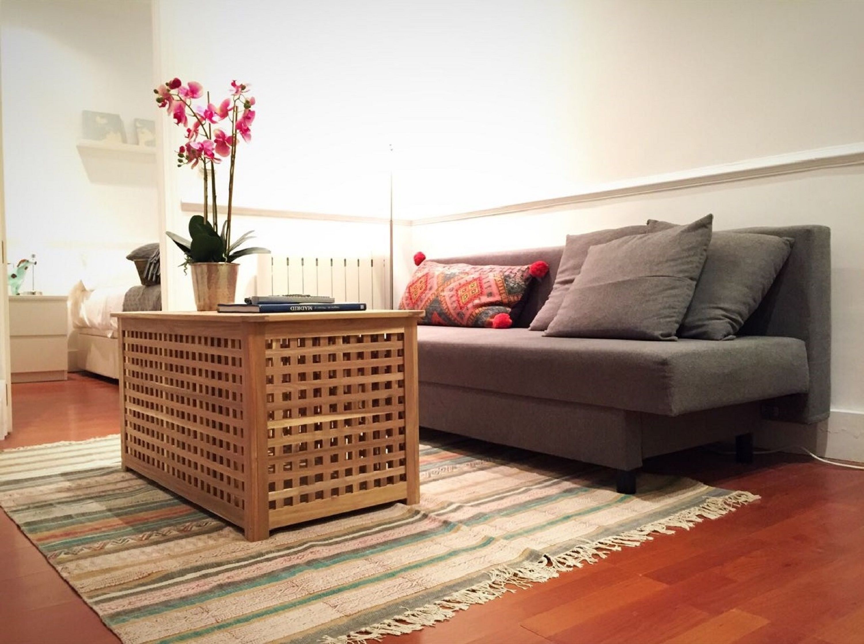 Una sala de estar con un sofá gris, una mesita de madera con una planta, y un tapete a rayas.