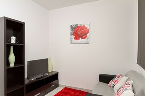 A modern living room with a flat-screen TV on a wooden stand, a red rug, and a grey sofa with patterned cushions. - Fortress Home I - In the historical center of Funchal (Funchal)