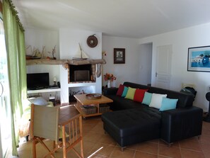 Una televisión, una chimenea, un reproductor de DVD, un futbolín