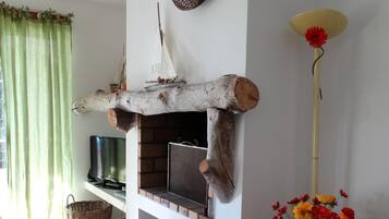 Televisión, chimenea, reproductor de DVD y futbolito