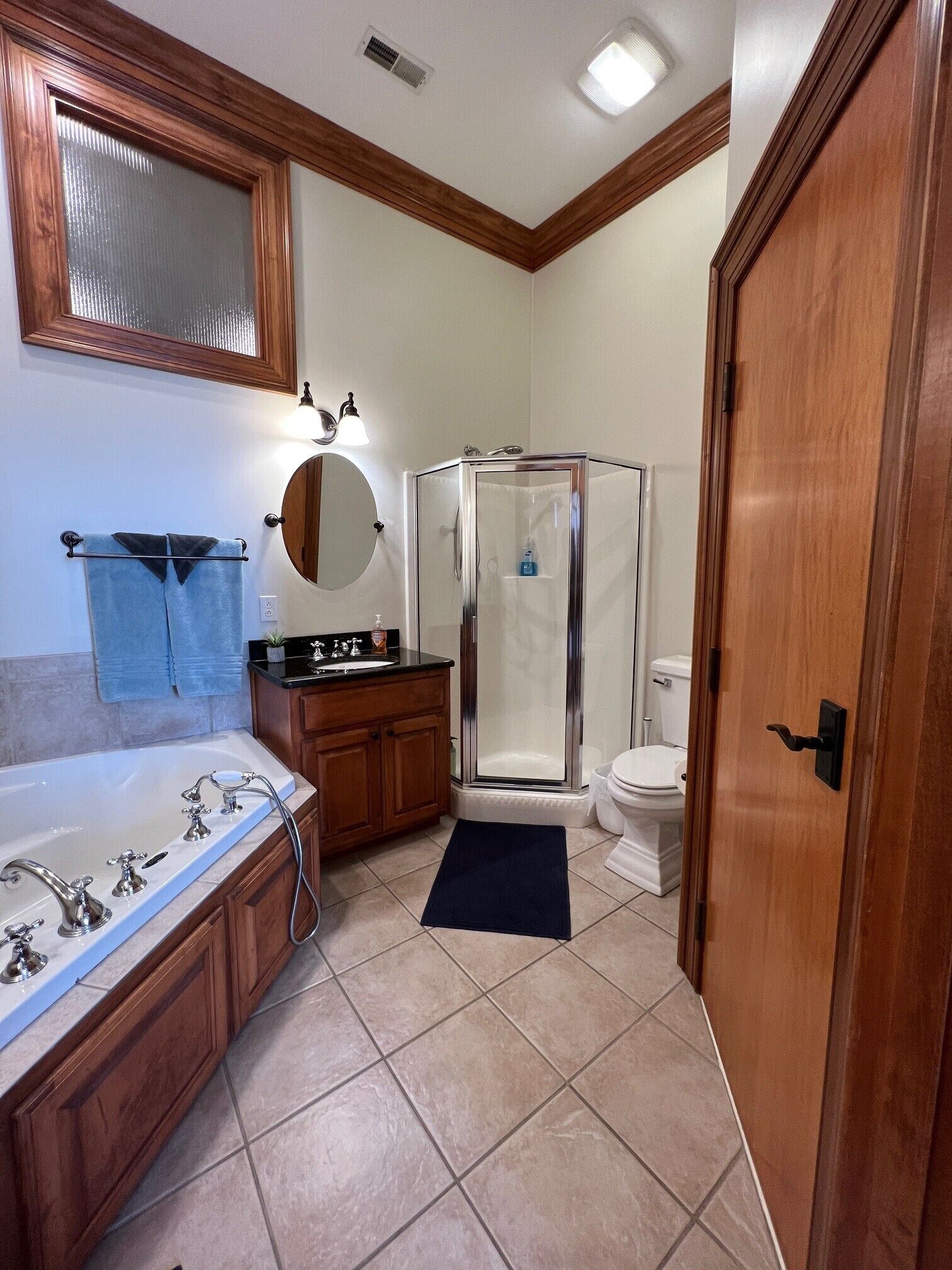 Shower, jetted tub, hair dryer, towels