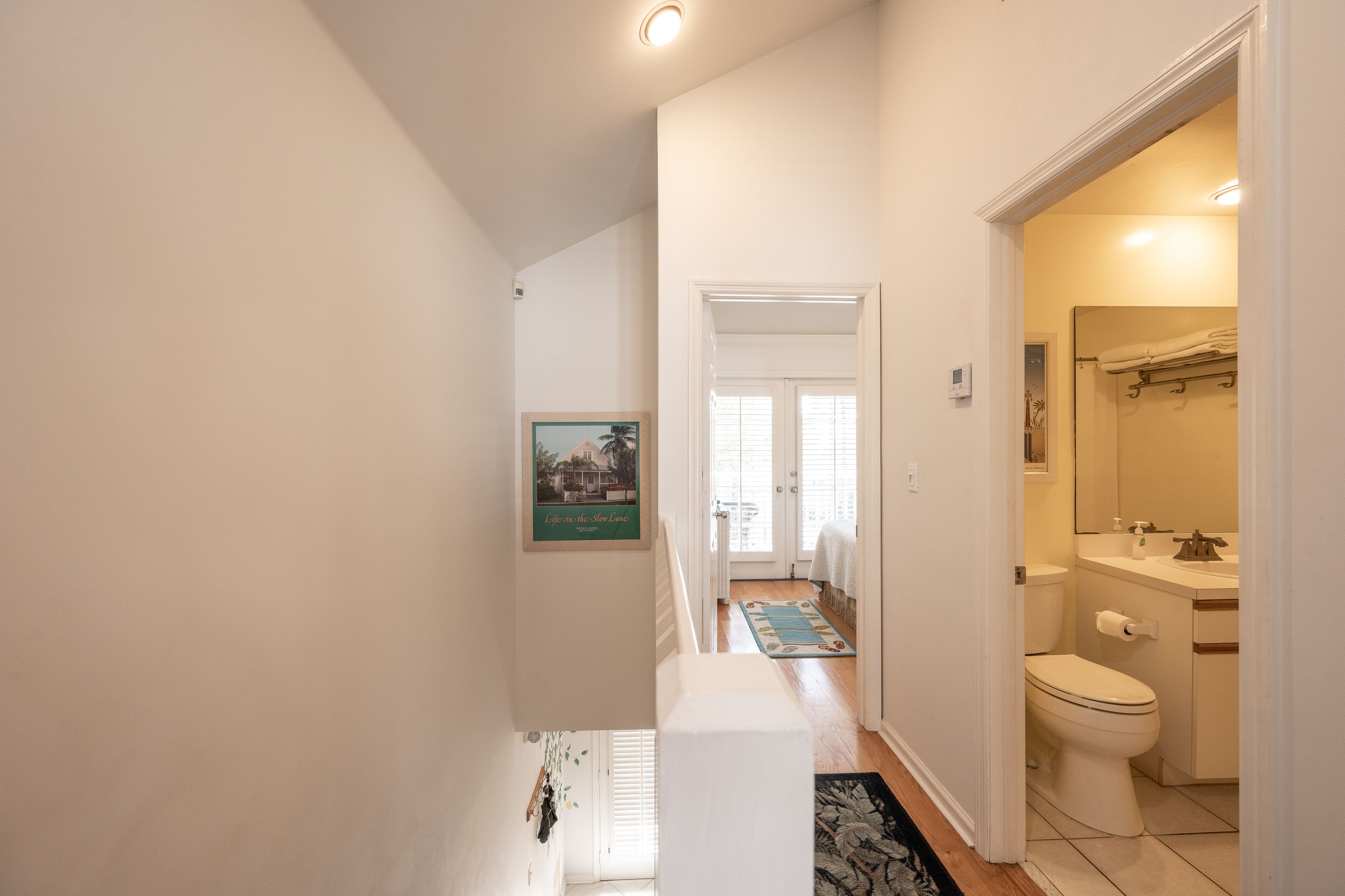 Een smalle gang die leidt naar een badkamer met toilet, wastafel en een lijst met een afbeelding aan de muur.