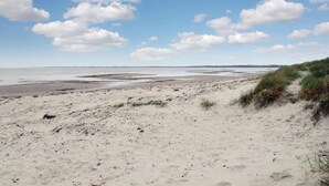 Una playa arenosa con dunas y cielo despejado.