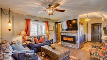 Smart TV, fireplace, books, video library