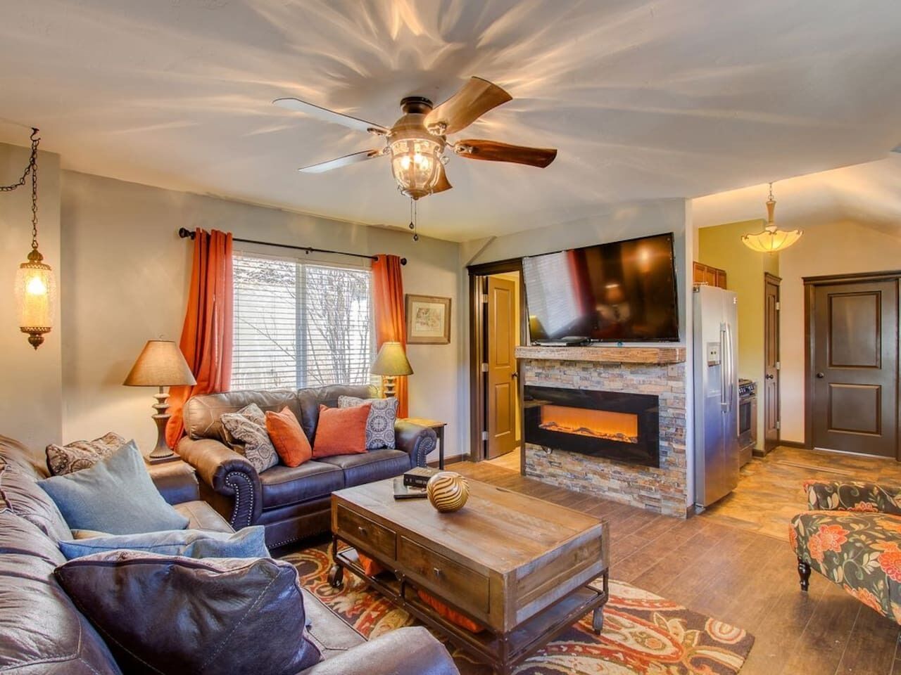 Smart TV, fireplace, books, video library