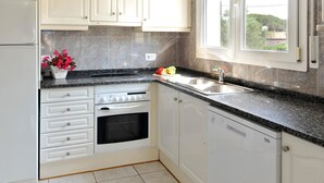 A modern kitchen with white cabinets, a granite countertop, a built-in oven, and a dishwasher.