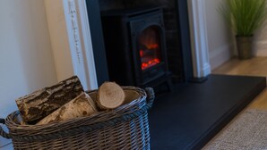 A fireplace with logs, a potted plant, and a wicker basket.