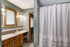 Combined shower/bathtub, hair dryer, towels, soap