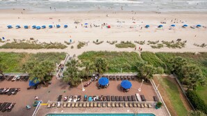A beach resort with sun loungers, umbrellas, and a pool area. - Newly renovated Ocean Front Deluxe King Condo,Come Live in the Paradise (Myrtle Beach)
