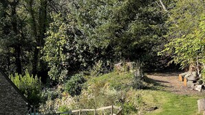 Un chemin de gravier traverse un jardin bordé d’une clôture en bois et d’un mur de pierres.