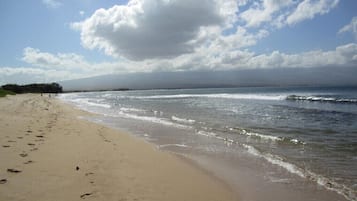 On the beach, sun-loungers, beach towels