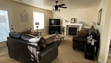 Smart TV, chimenea, reproductor de DVD y libros