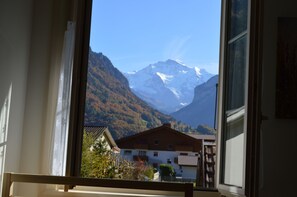 Vista desde una ventana con vistas a una montaña con picos nevados y un edificio de techo inclinado.